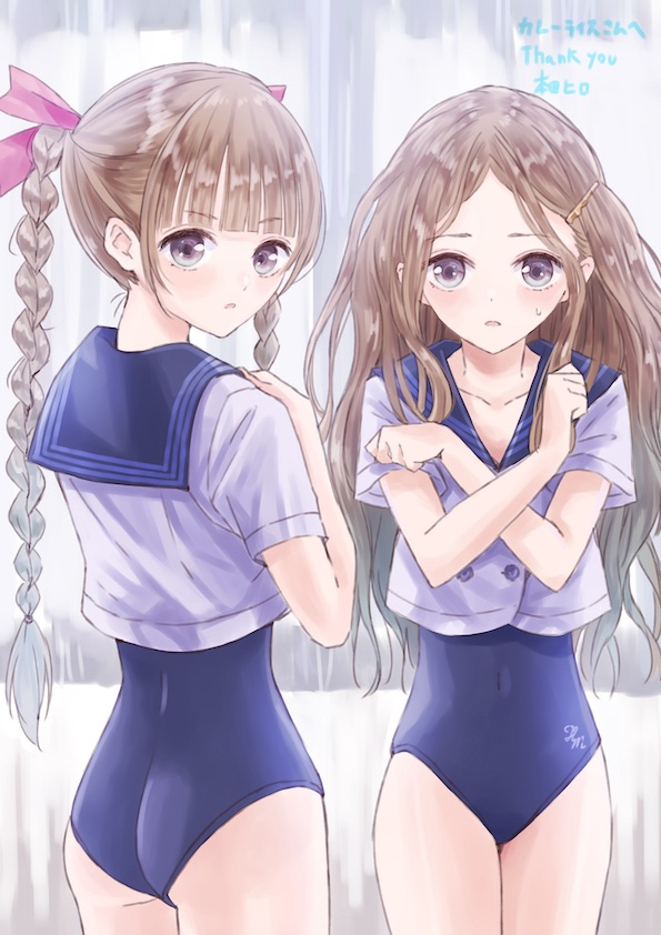 2girls, ass, blue_one-piece_swimsuit, blue_reflection_(series), blue_reflection_tie, braid, brown_eyes, brown_hair