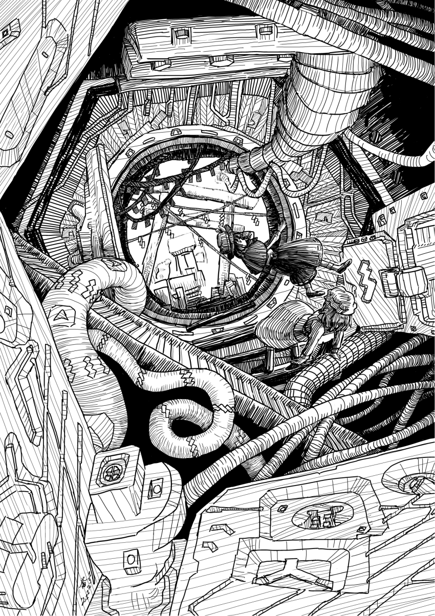 2girls, abstract, cable, capelet, commentary, dress, fedora, floating