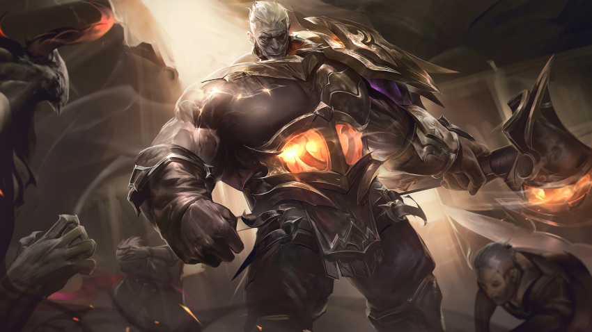 3boys, absurdres, backlighting, colored_skin, creature, detached_sleeves, glowing, grey_hair, grey_skin, high_noon_sion, highres, holding, horns, league_of_legends, multiple_boys, muscular, muscular_male, pants, short_hair, single_shoulder_pad, sion, sion_(league_of_legends), solo_focus, wutu_(1183238220)