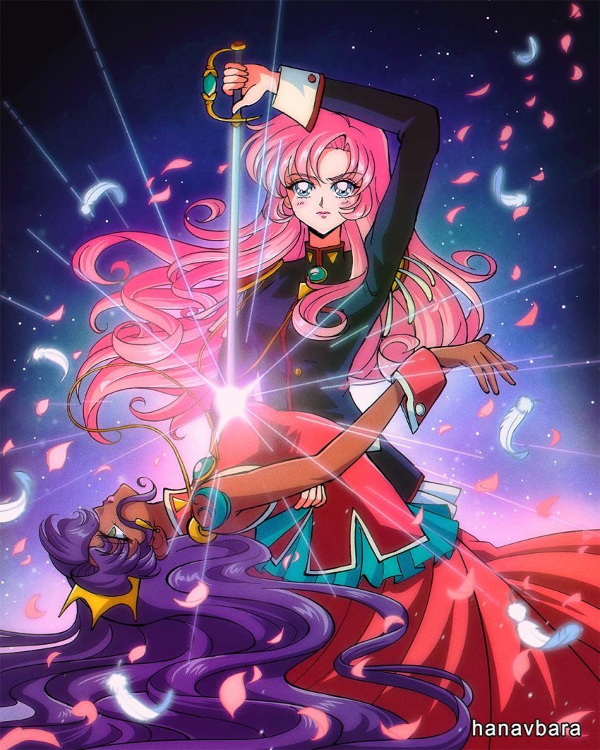 1990s_(style), 2girls, artist_name, blue_eyes, crown, dark-skinned_female, dark_skin, dress