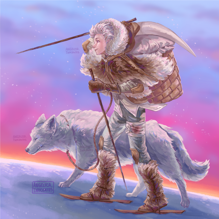 1boy, artist_name, artsyinnocence, bandaged_leg, bandages, brown_gloves, full_body, fumetsu_no_anata_e, fur_trim, fushi_(fumetsu_no_anata_e), gloves, grey_hair, holding, joan_(fumetsu_no_anata_e), long_sleeves, profile, skis, standing, the_nameless_boy_(fumetsu_no_anata_e)