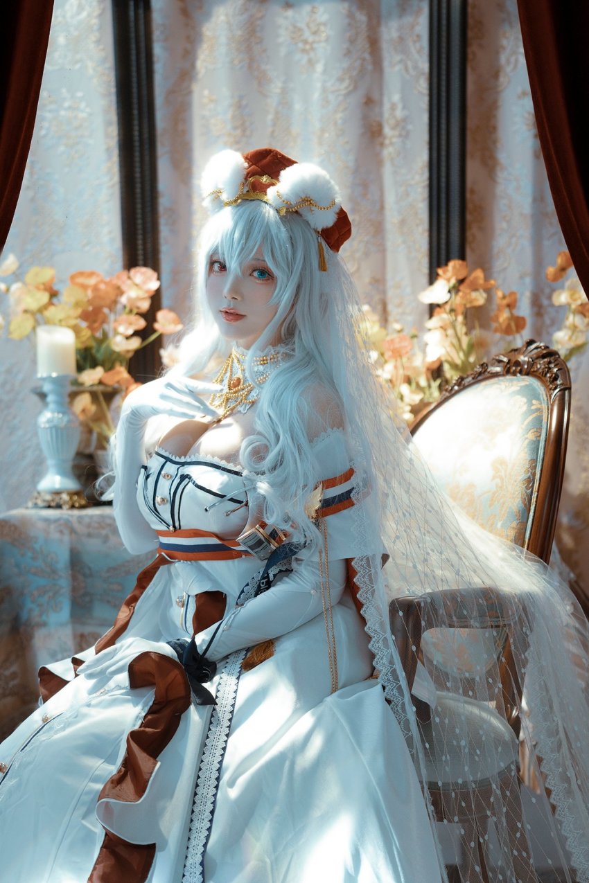 1girl, animal_ears, arknights, bear_ears, blue_eyes, blurry, blurry_background, breasts, bridal_veil, candle, candlestand, chair, collar, cosplay, cosplay_photo, curtains, depth_of_field, detached_sleeves, dress, ear_ornament, elbow_gloves, eyebrows_hidden_by_hair, gloves, hair_between_eyes, hand_on_own_chest, hat, heterochromia, highres, huge_breasts, long_hair, looking_at_viewer, natsume0v0, official_alternate_costume, on_chair, photo_(medium), red_eyes, red_hat, ribbon, rosa_(arknights), rosa_(arknights)_(cosplay), rosa_(masterpiece)_(arknights), sitting, solo, striped_ribbon, table, tablecloth, veil, white_dress, white_gloves, white_hair