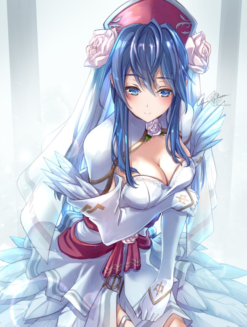1girl, absurdres, artist_name, blue_eyes, blue_hair, blush, breasts, bridal_veil, clear_glass_(mildmild1311), cleavage, cowboy_shot, detached_sleeves, dress, fire_emblem, fire_emblem:_the_binding_blade, fire_emblem_heroes, flower, frills, gloves, hat, highres, lilina_(bridal)_(fire_emblem), lilina_(fire_emblem), long_sleeves, medium_breasts, nintendo, official_alternate_costume, rose, signature, simple_background, smile, solo, strapless, strapless_dress, veil, wedding_dress, white_dress, white_flower, white_gloves, white_rose