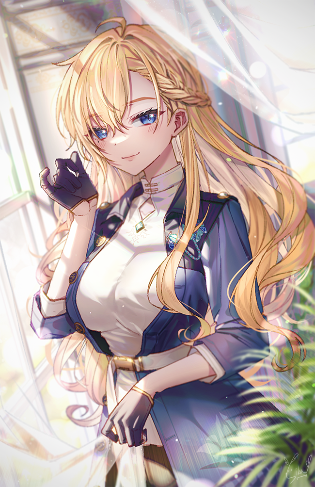 1girl, asymmetrical_bangs, belt, blonde_hair, blue_eyes, blue_jacket, blush, braid, breasts, curtains, french_braid, genderswap, genderswap_(mtf), hair_between_eyes, heathcliff_(mahoutsukai_no_yakusoku), jacket, large_breasts, long_hair, long_sleeves, looking_at_viewer, mahoutsukai_no_yakusoku, mole, mole_under_eye, nurumi_p, shirt, smile, solo, very_long_hair, white_belt, white_shirt, window