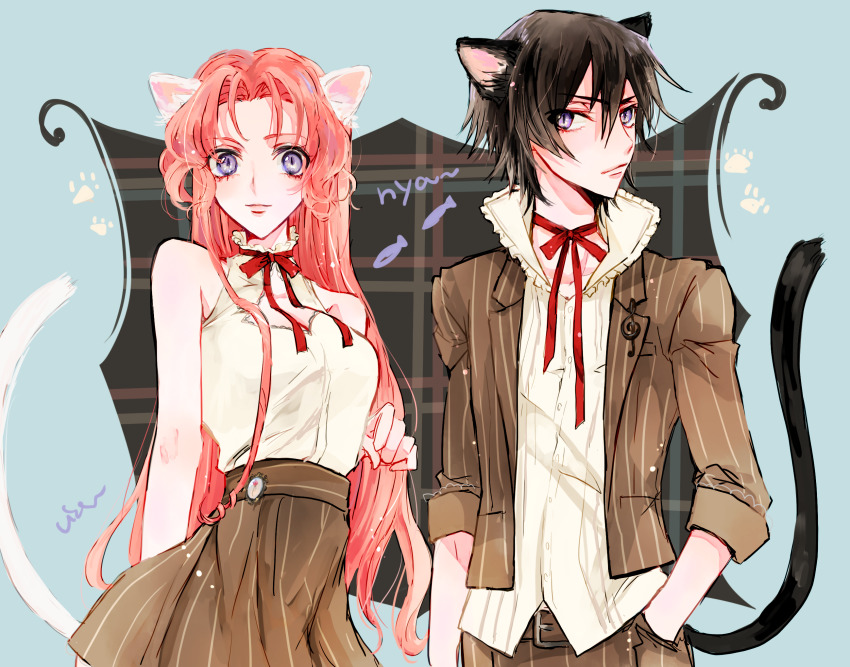 1boy, 1girl, animal_ears, belt, breasts, brother_and_sister, brown_belt, brown_jacket