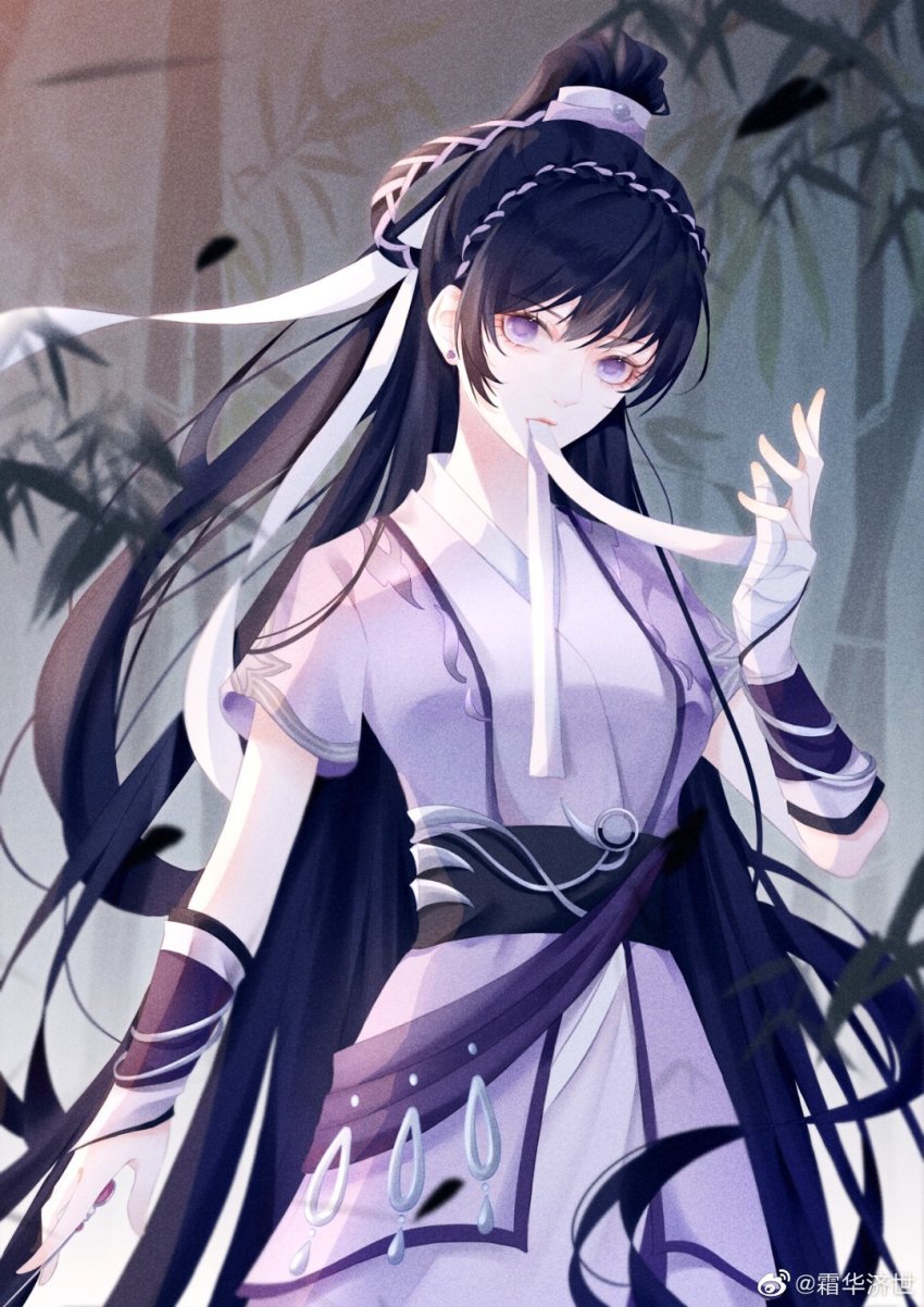 1girl, bamboo, bamboo_forest, bandaged_hand, bandages, black_hair, braid, braided_hair_rings