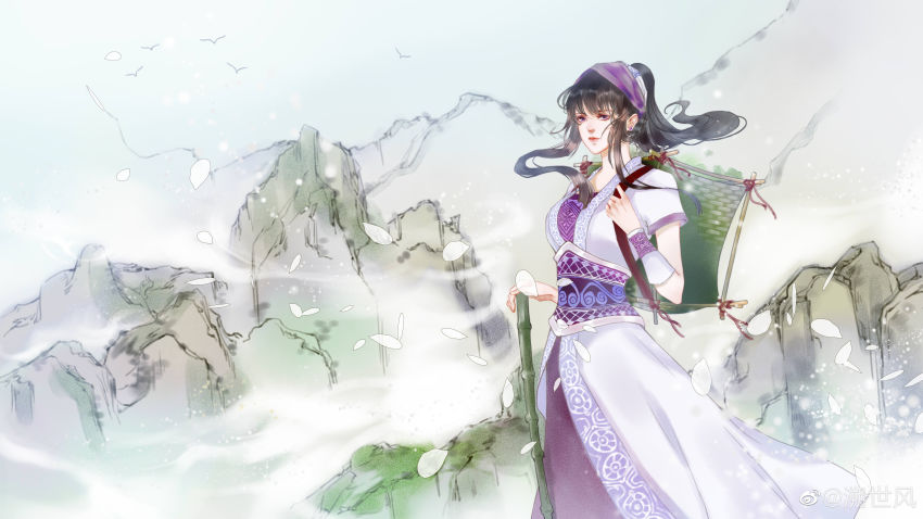 1girl, absurdres, backpack_basket, bamboo, basket, bird, black_hair, cane