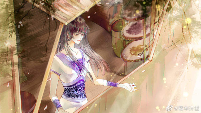 1girl, armband, braid, branch, brown_hair, chinese_clothes, duanmu_rong_(qin_shi_ming_yue), flower