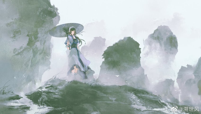 1girl, armband, bird, brown_hair, chinese_clothes, chinese_commentary, commentary_request, duanmu_rong_(qin_shi_ming_yue), from_side, hairband, highres, holding, holding_umbrella, mountain, oil-paper_umbrella, outdoors, ponytail, qinshi_mingyue, sky, solo, sushi_feng, umbrella, upper_body, watermark, weibo_watermark, white_sky