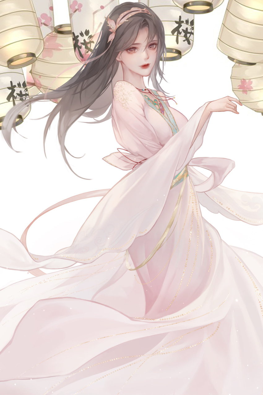 1girl, absurdres, brown_hair, dress, hairband, highres, jewelry, juan_siliang