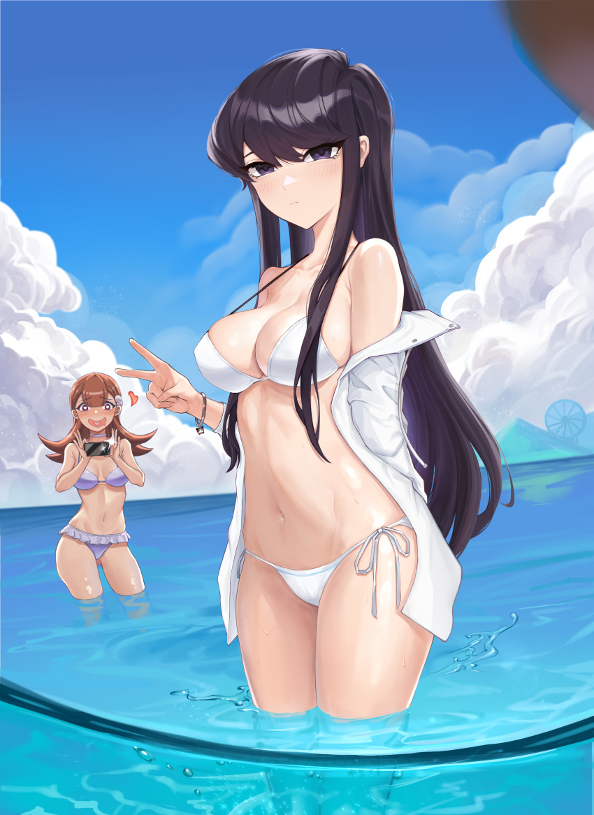 2girls, absurdres, bangle, bikini, black_eyes, blunt_bangs, blush, bracelet