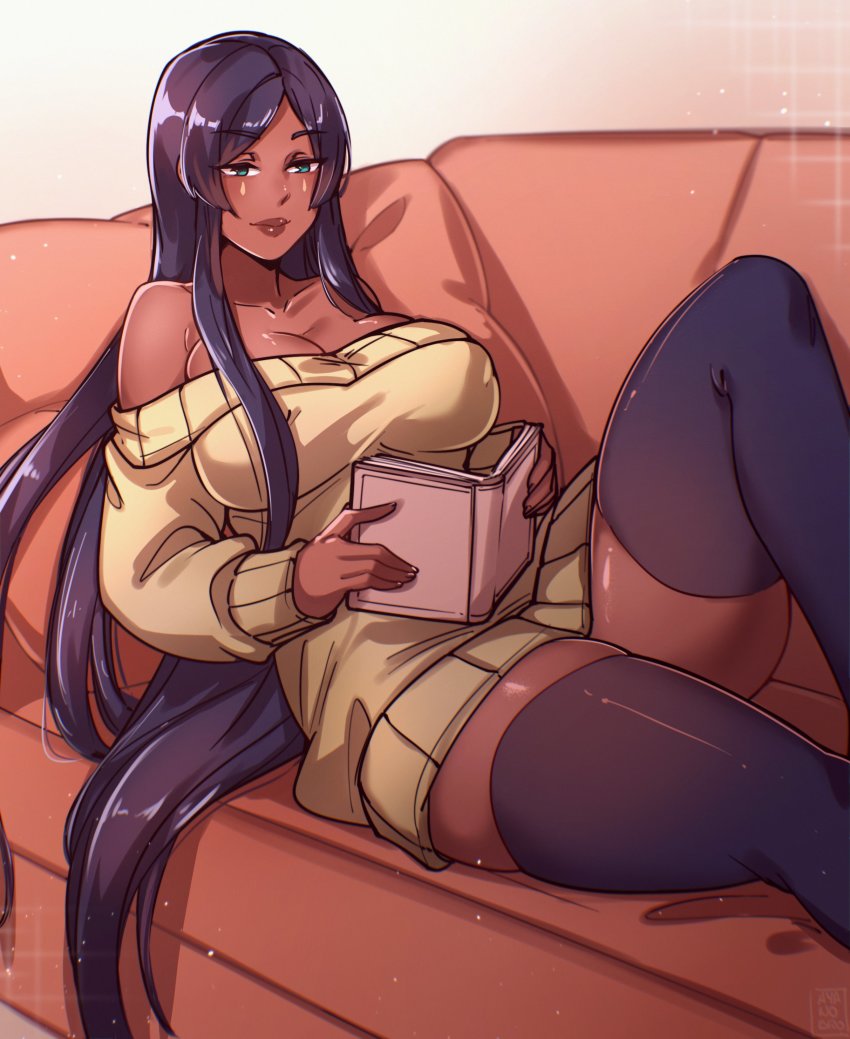 1girl, absurdres, ayanobro, blue_eyes, book, breasts, cleavage, couch