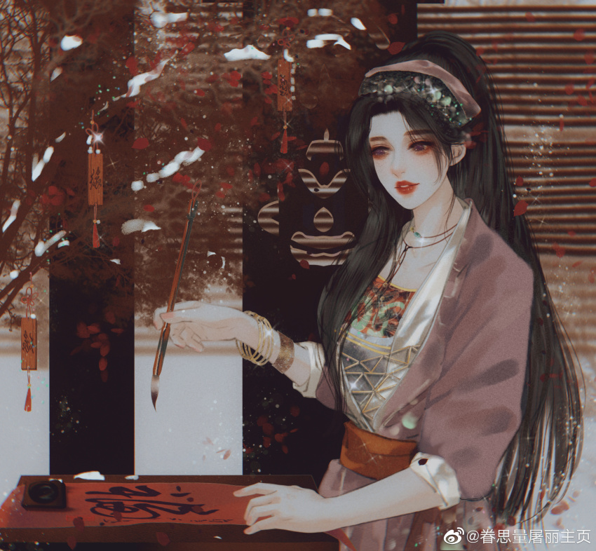 1girl, absurdres, black_hair, bracelet, calligraphy, calligraphy_brush, chinese_clothes, dress