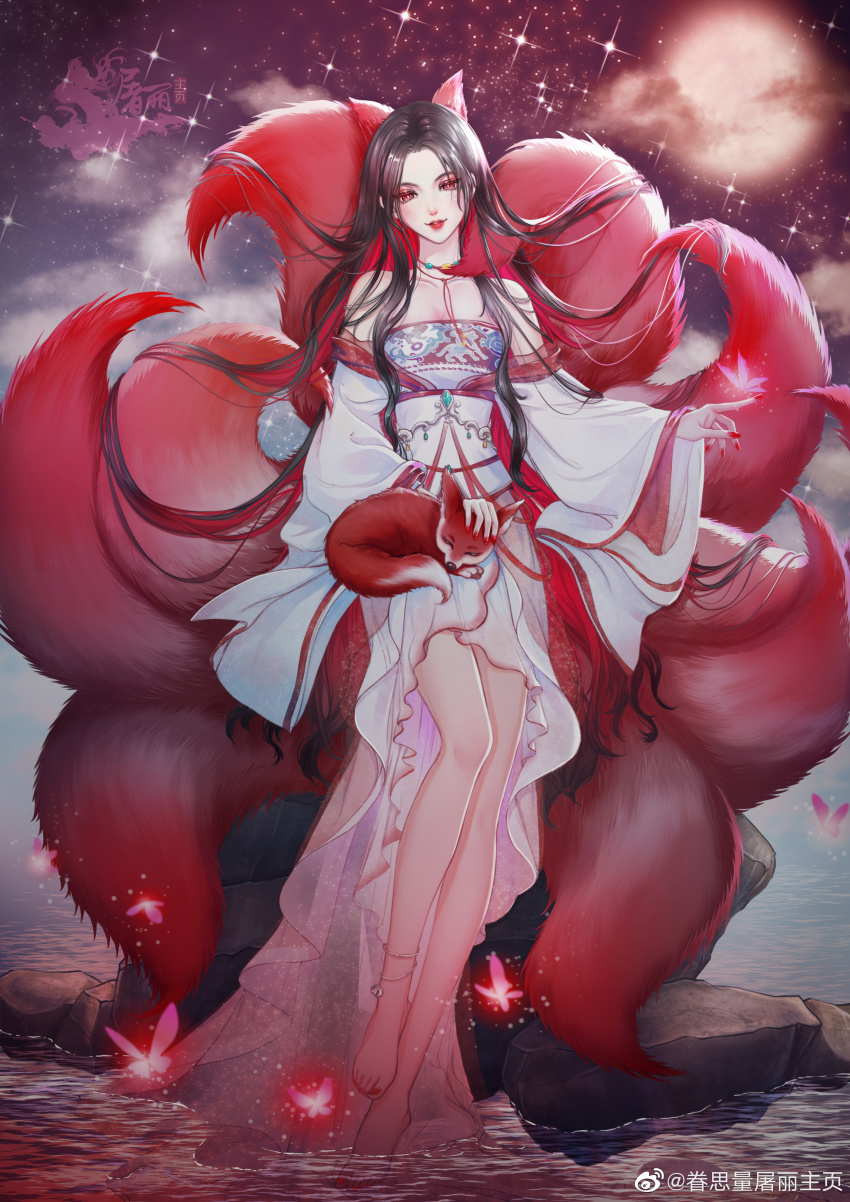 1girl, absurdres, animal_ears, bare_shoulders, barefoot, black_hair, bug, butterfly, fox, fox_ears, fox_tail, full_body, highres, insect, juan_silang_tu_li_zhuye, juan_siliang, moon, multiple_tails, nail_polish, night, solo, tail, tu_li_(juan_siliang), upper_body, water