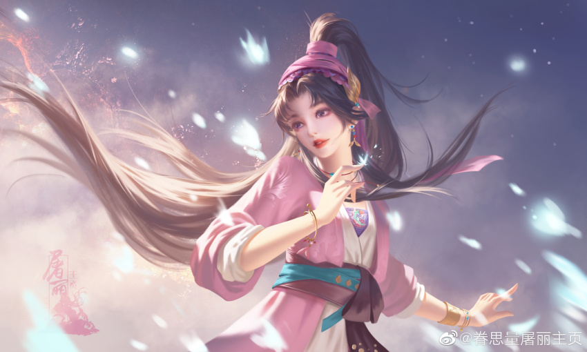 1girl, absurdres, bracelet, brown_hair, chinese_clothes, earrings, hair_ornament, hairband