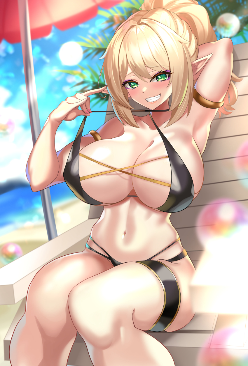 1girl, absurdres, armpits, beach, bikini, blonde_hair, breasts, cleavage, elara_(vtuber), elara_(vtuber_old_model), green_eyes, highres, huge_breasts, indie_virtual_youtuber, large_breasts, micro_bikini, navel, nez-box, pointy_ears, ponytail, smile, swimsuit, thighs, virtual_youtuber