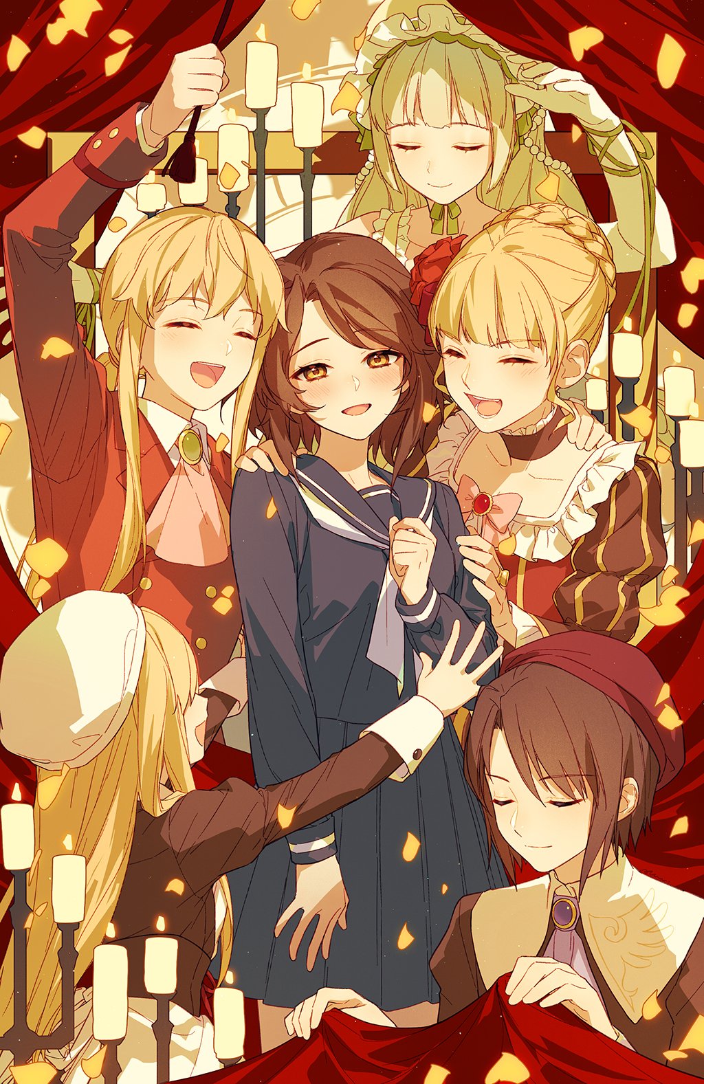 1boy, 2others, 3girls, aluce, beatrice_(umineko), beret, blonde_hair, blue_serafuku