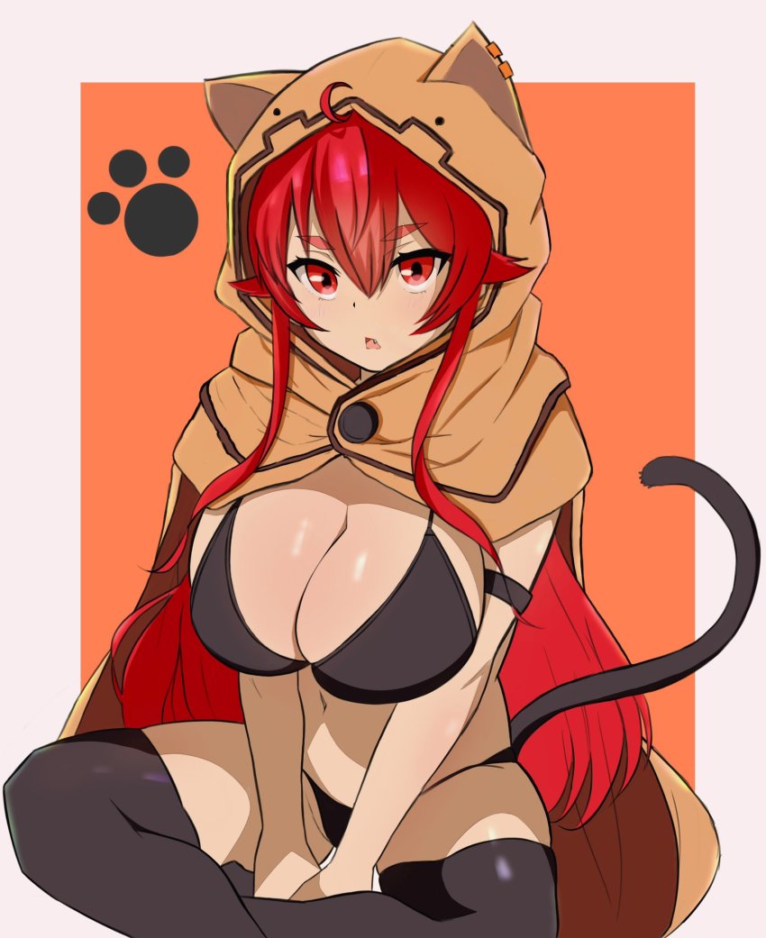 1girl, ahoge, animal_hood, black_bra, bra, breasts, bunching_hair, cat_hood
