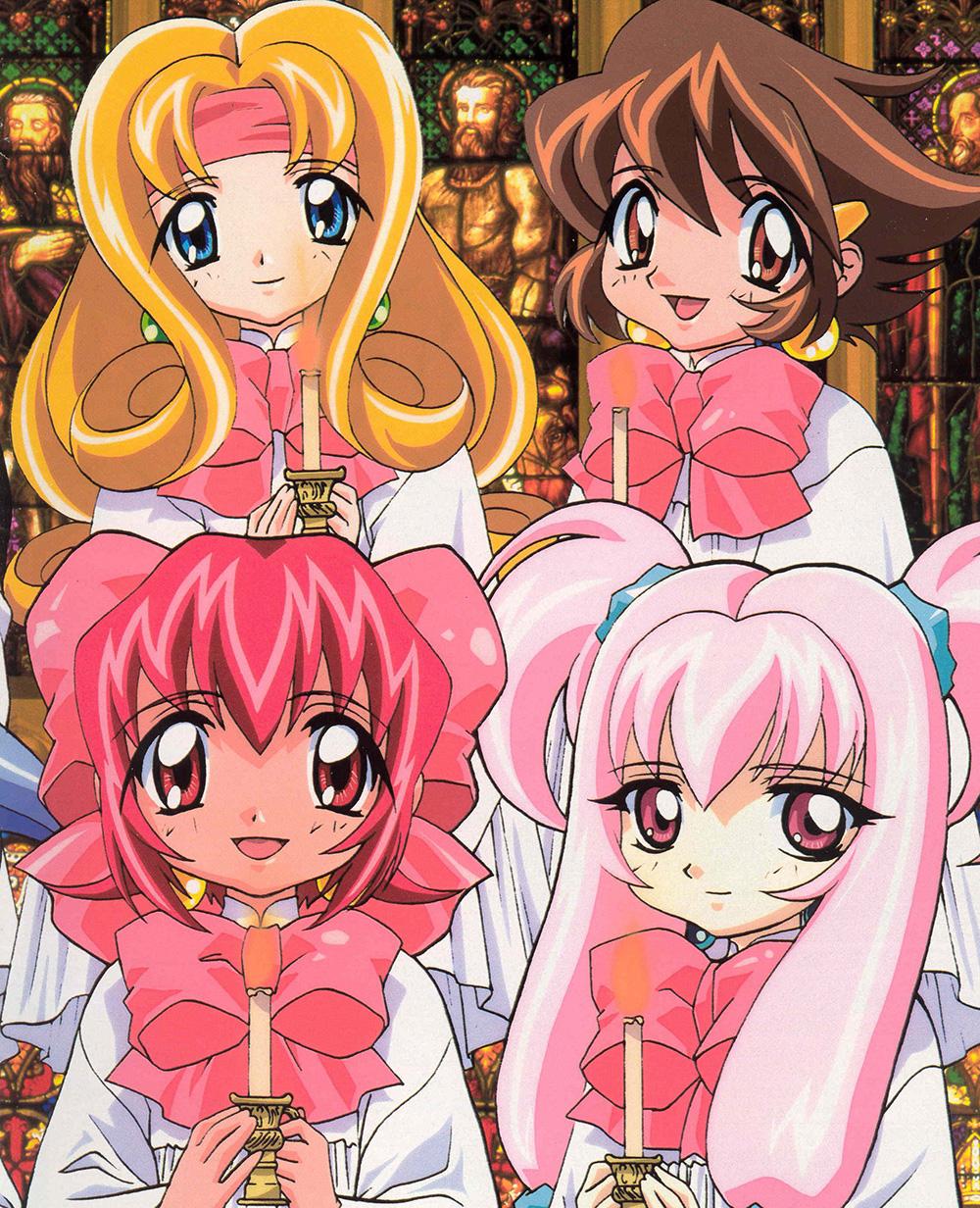 1990s_(style), 4girls, akihabara_dennou_gumi, brown_hair, character_request, dress, earrings, hanakoganei_hibari