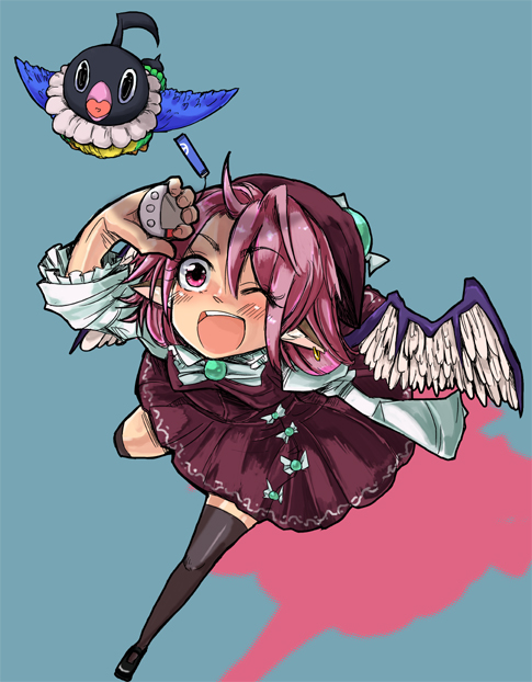 1girl, animal_ears, bird, black_thighhighs, chatot, dress, earrings, female_focus, from_above, gen_4_pokemon, harco_izm, hat, holding, jewelry, legs, mystia_lorelei, nintendo, one_eye_closed, open_mouth, perspective, pink_eyes, pink_hair, pointy_ears, pokemon, pokemon_(creature), pokewalker, shadow, simple_background, tamagotchi, thighhighs, touhou, virtual_pet_(toy), wide_sleeves, wings, wink