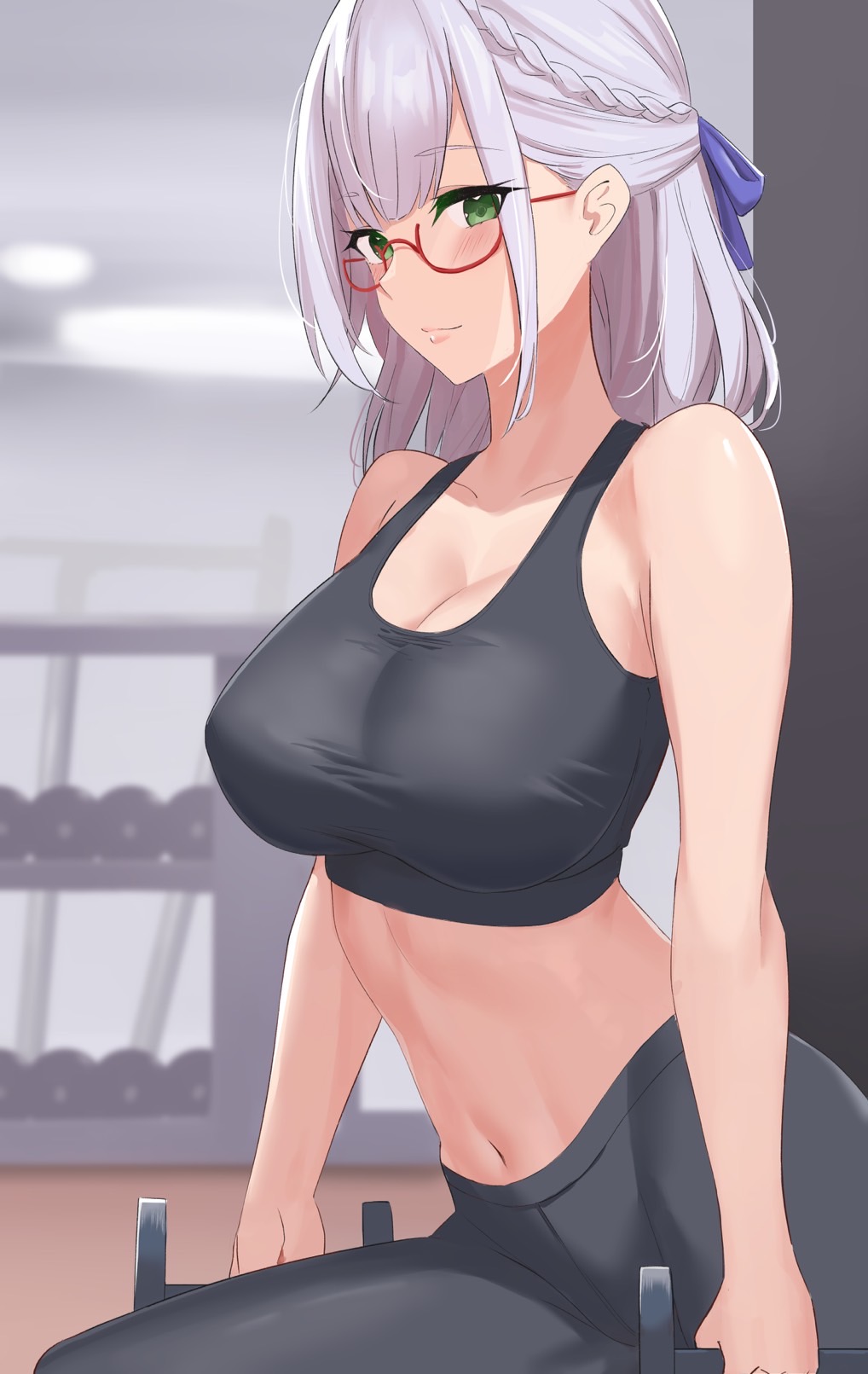 1girl, bare_shoulders, black_pants, blush, boyin, braid, breasts, cleavage