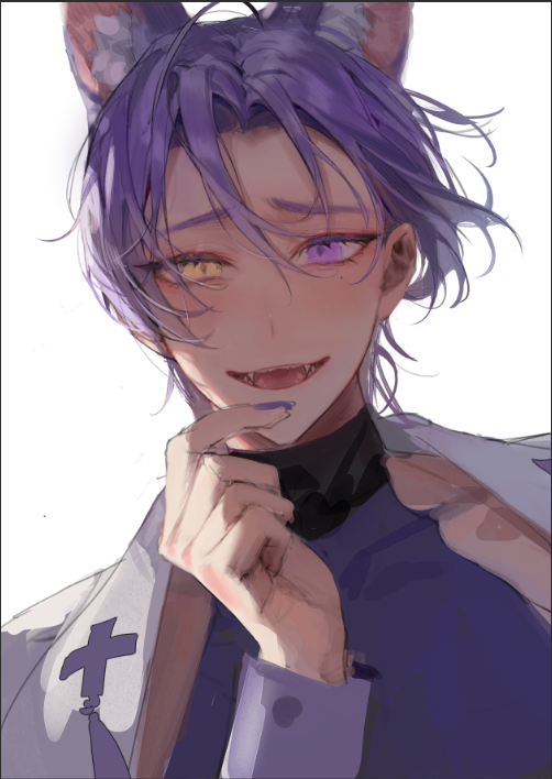 1boy, animal_ears, blush, fangs, fox_boy, fox_ears, hair_between_eyes, heterochromia