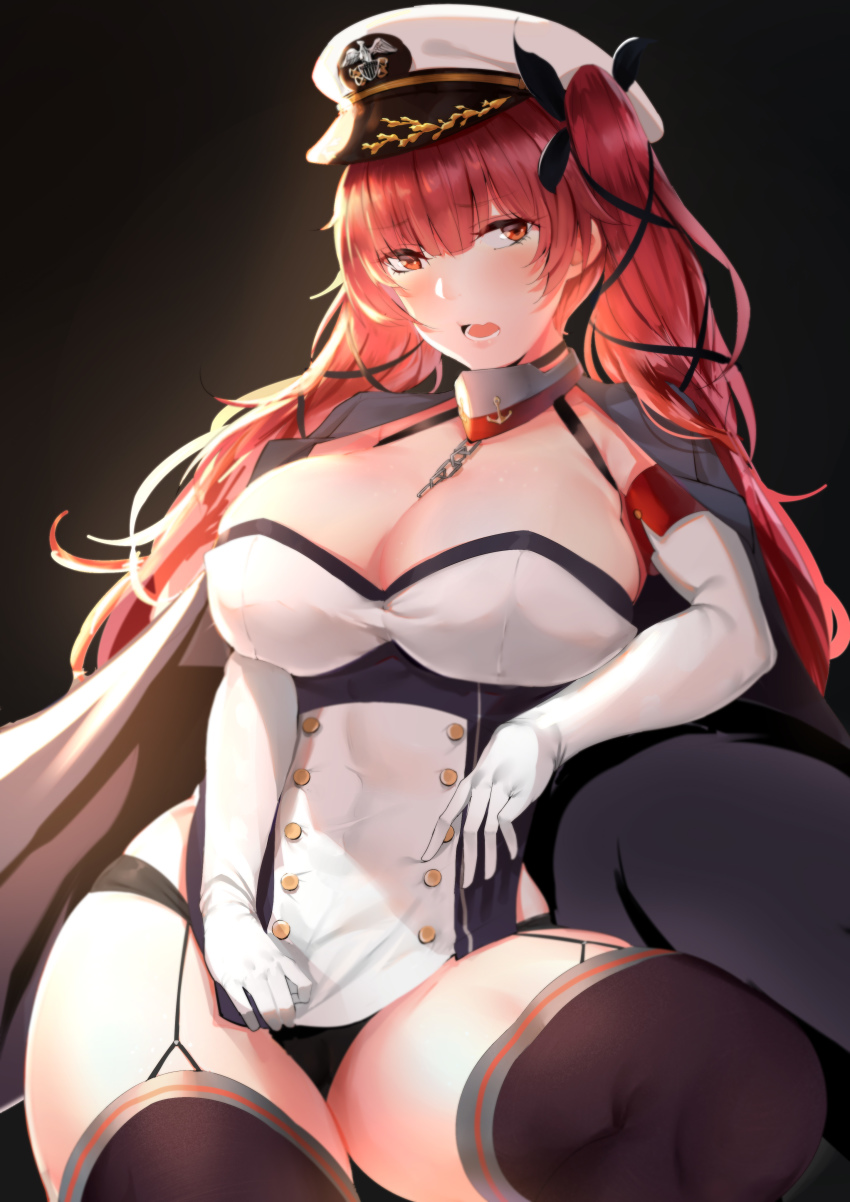 1girl, absurdres, azur_lane, black_background, black_ribbon, black_thighhighs, blunt_bangs, blush