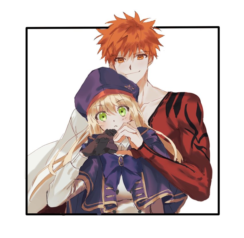 1boy, 1girl, artoria_caster_(fate), artoria_caster_(second_ascension)_(fate), artoria_pendragon_(fate), behind_another, beret, blonde_hair