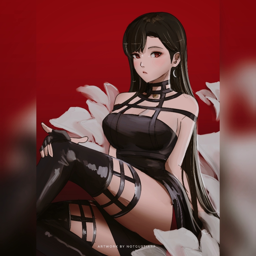 1girl, artist_name, bare_shoulders, black_choker, black_dress, black_gloves, black_hair, black_thighhighs