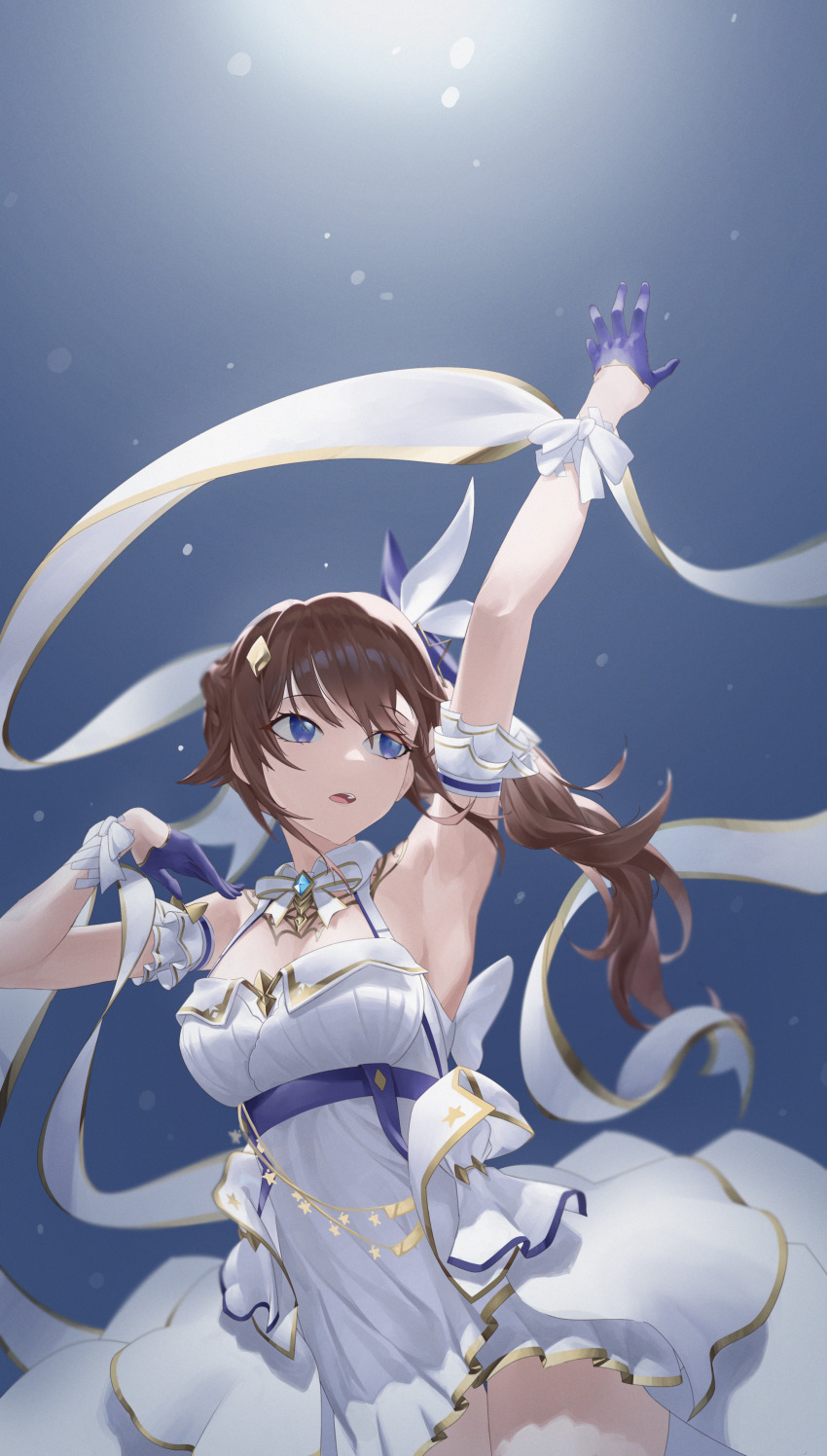 1girl, absurdres, arm_up, armpits, bare_shoulders, blue_eyes, breasts, brown_hair