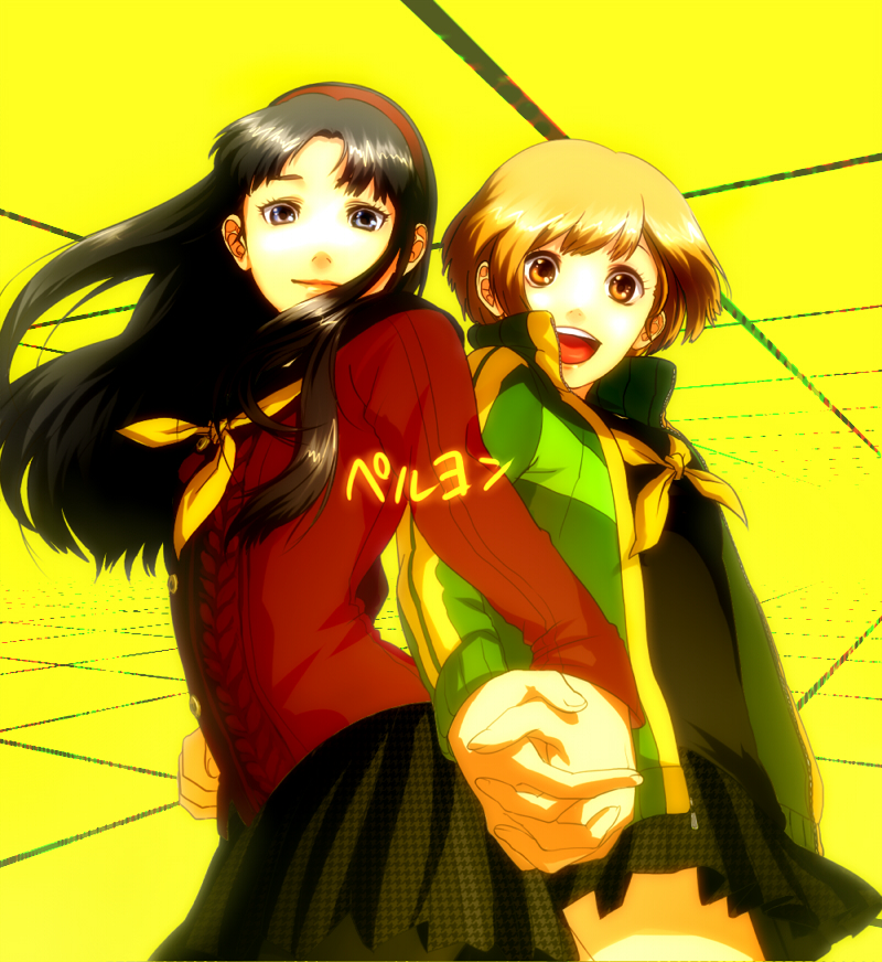 2girls, :d, amagi_yukiko, atlus, bad_id, bad_pixiv_id, black_eyes, black_hair