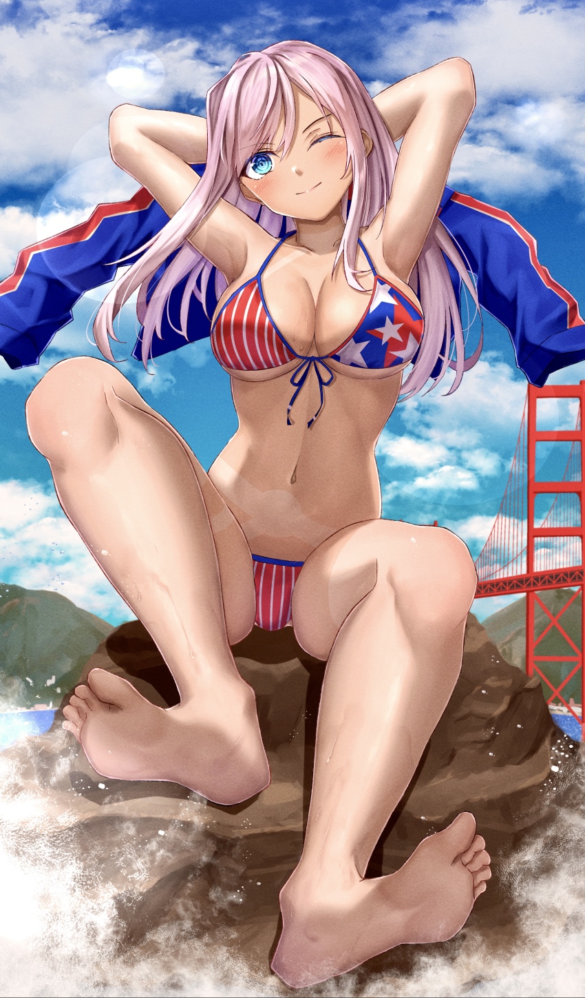 1girl, absurdres, american_flag, american_flag_bikini, american_flag_print, barefoot, beach, bikini