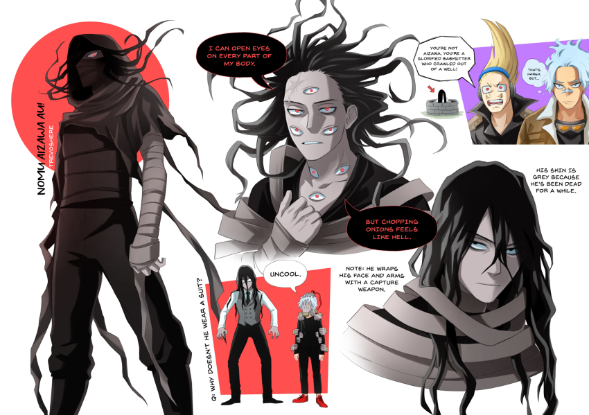 1girl, 4boys, alternate_costume, alternate_universe, bandaged_arm, bandages, black_hair, black_pants