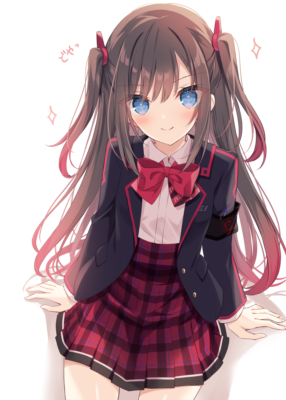 1girl, black_jacket, blazer, blue_eyes, blush, bow, bowtie, brown_hair