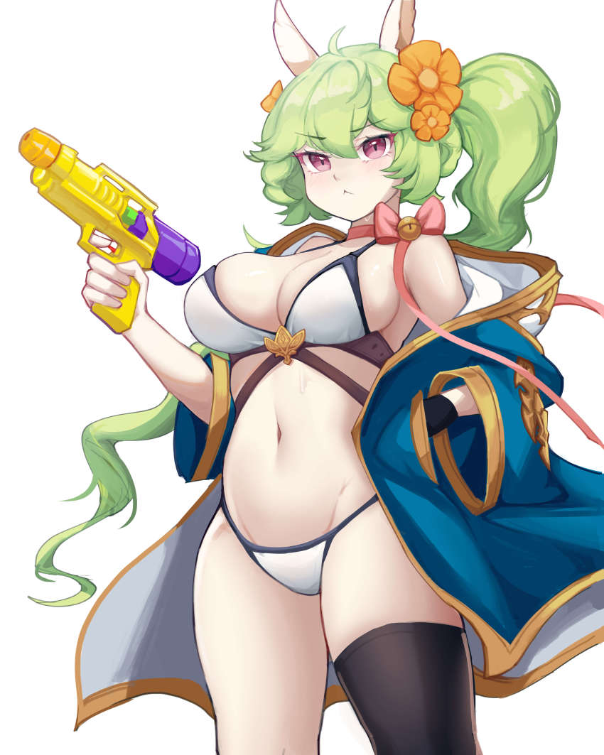 1girl, :<, absurdres, ahoge, alpaca_ears, alpaca_girl, animal_ears, bare_shoulders