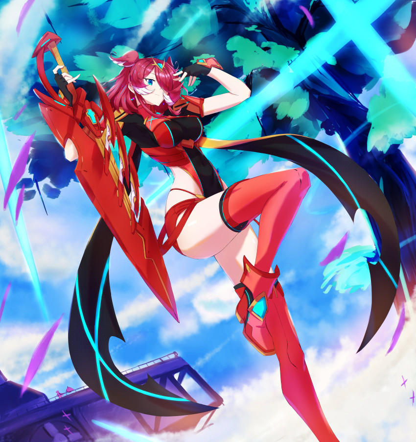 absurdres, aegis_sword_(xenoblade), black_gloves, blue_eyes, breasts, cosplay, elira_pendora, fingerless_gloves, gloves, hair_over_one_eye, highres, large_breasts, nijisanji, nijisanji_en, one_eye_covered, pyra_(xenoblade), pyra_(xenoblade)_(cosplay), red_hair, red_shorts, red_thighhighs, short_shorts, shorts, sword, thighhighs, tiara, tsukinaga, virtual_youtuber, weapon, xenoblade_chronicles_(series), xenoblade_chronicles_2