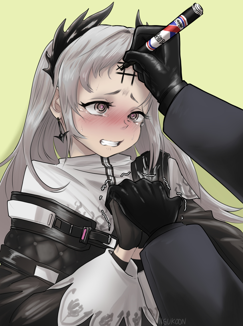 1girl, absurdres, arknights, earrings, forehead, gloves, head_wings, highres, holding_hands, ingukoon, irene_(arknights), jewelry, marker, scar, scar_across_eye, scar_on_face, tears, tic-tac-toe, trembling, uncommon_stimulation, wings