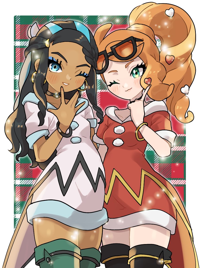 2girls, alternate_color, black_choker, black_footwear, black_hair, blue_eyes, blue_eyeshadow, blush