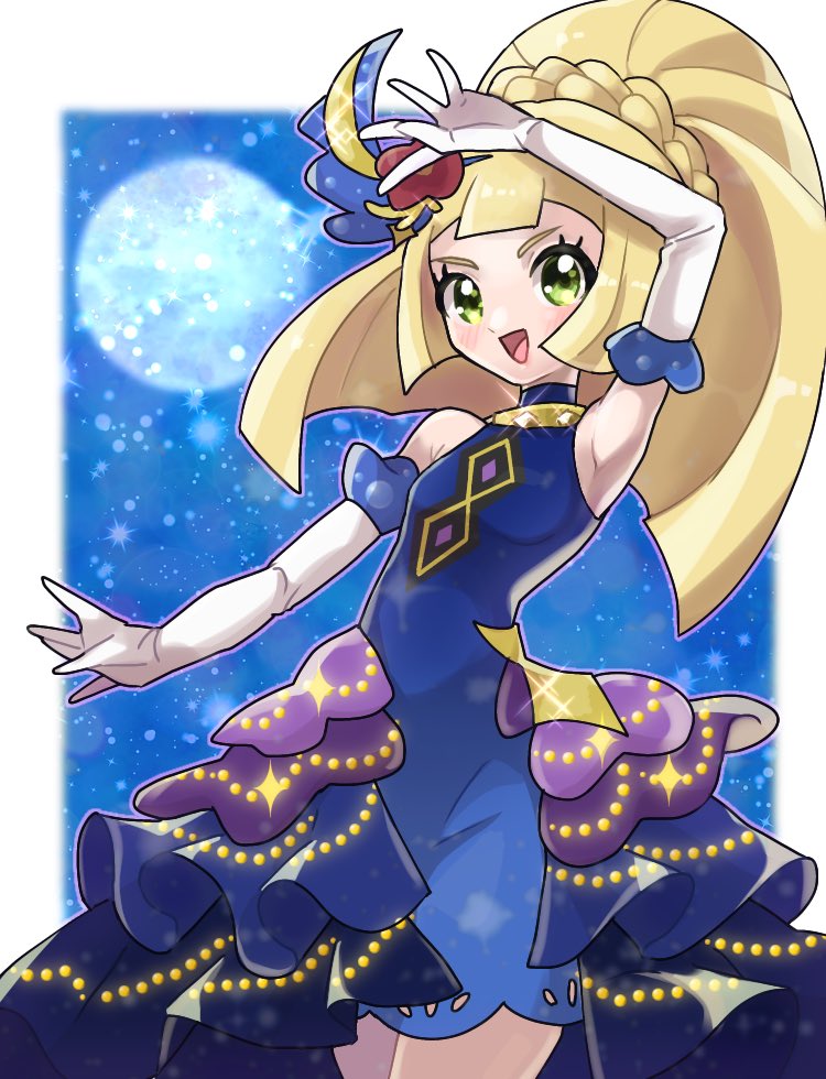 1girl, :d, arm_up, bare_shoulders, blonde_hair, blue_dress, blush, border