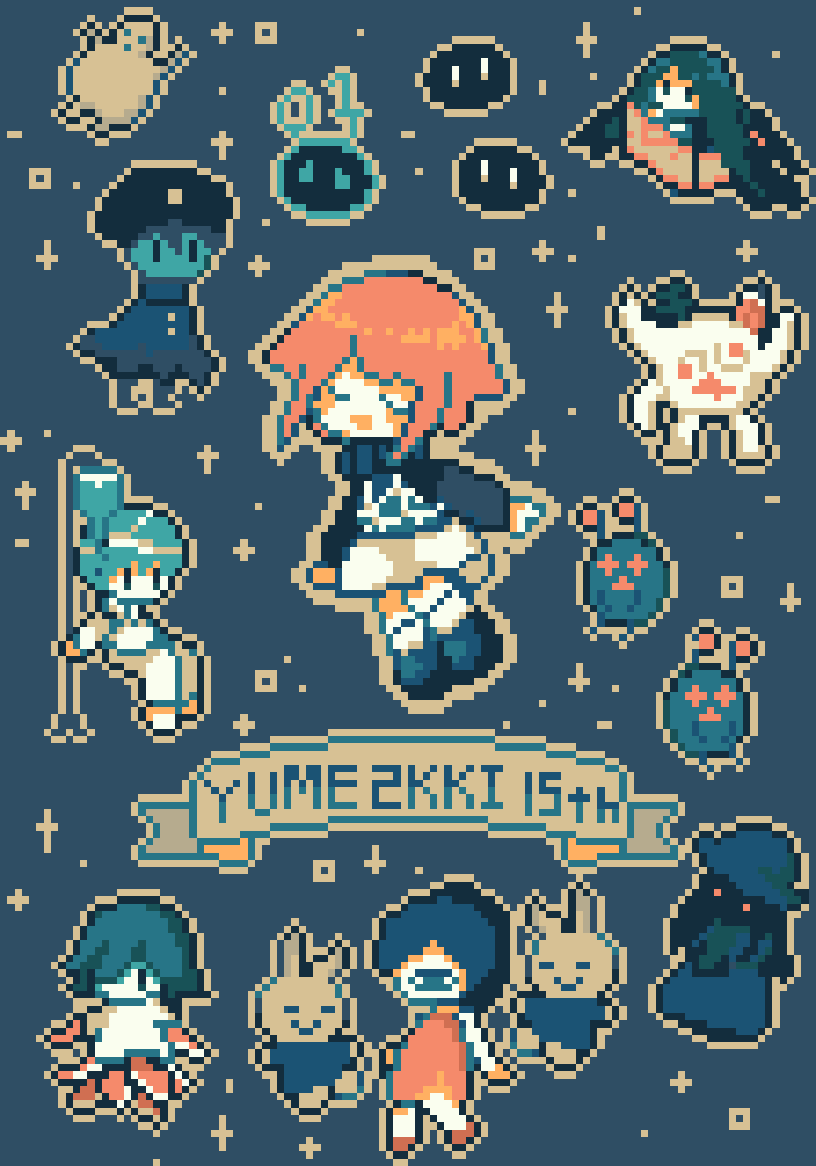 2boys, 5girls, anniversary, aojiru_(yume_2kki), copyright_name, gakuran-kun, highres, hospital_gown, multiple_boys, multiple_girls, nai_(n_a_i_neko), oni_musume_(yume_2kki), painter-kun, shadow_lady_(yume_2kki), sprite, sprite_art, tako_otoko, urotsuki, yukata_(yume_2kki), yume_2kki