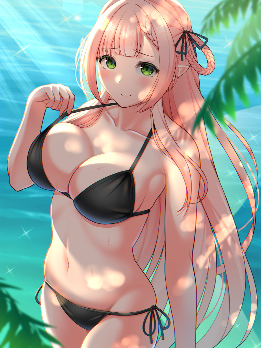 1girl, absurdres, bikini, black_bikini, blunt_bangs, blurry, blush, braid, breasts, cleavage, closed_mouth, collarbone, commentary_request, cottage_project, depth_of_field, eeyasu, green_eyes, hair_tie, highres, hinano_ui, large_breasts, long_hair, looking_at_viewer, medium_breasts, navel, nekojima, ocean, orange_hair, palm_leaf, pointy_ears, side-tie_bikini_bottom, smile, solo, standing, stomach, swimsuit, very_long_hair, virtual_youtuber
