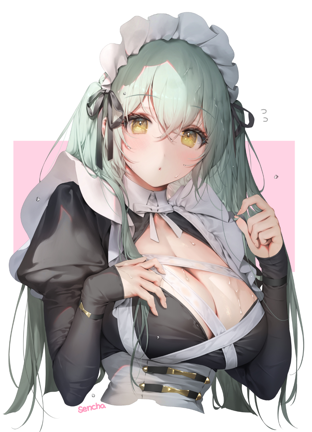 1girl, apron, azur_lane, black_dress, blush, breasts, cleavage, close-up