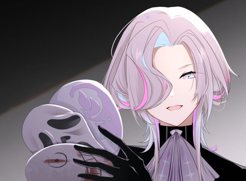 1boy, :d, ascot, black_gloves, black_shirt, blue_hair, dead_by_daylight, ghostface