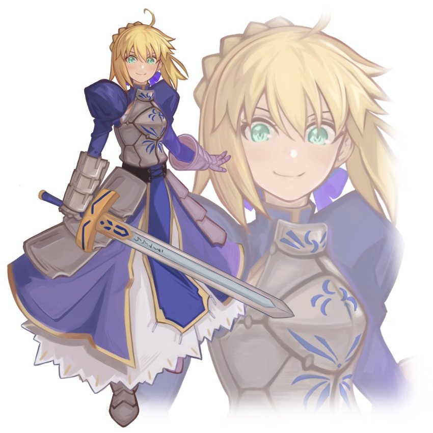 1girl, ahoge, armor, armored_boots, armored_dress, artoria_pendragon_(fate), blonde_hair, blue_dress