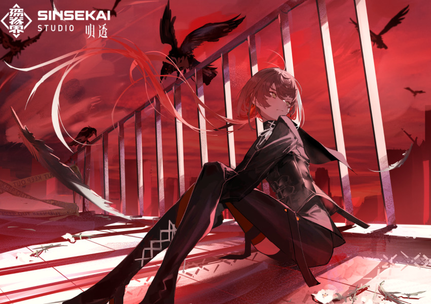 1girl, animal, asu_(sinsekai), bird, brown_hair, crow, feathers, green_eyes