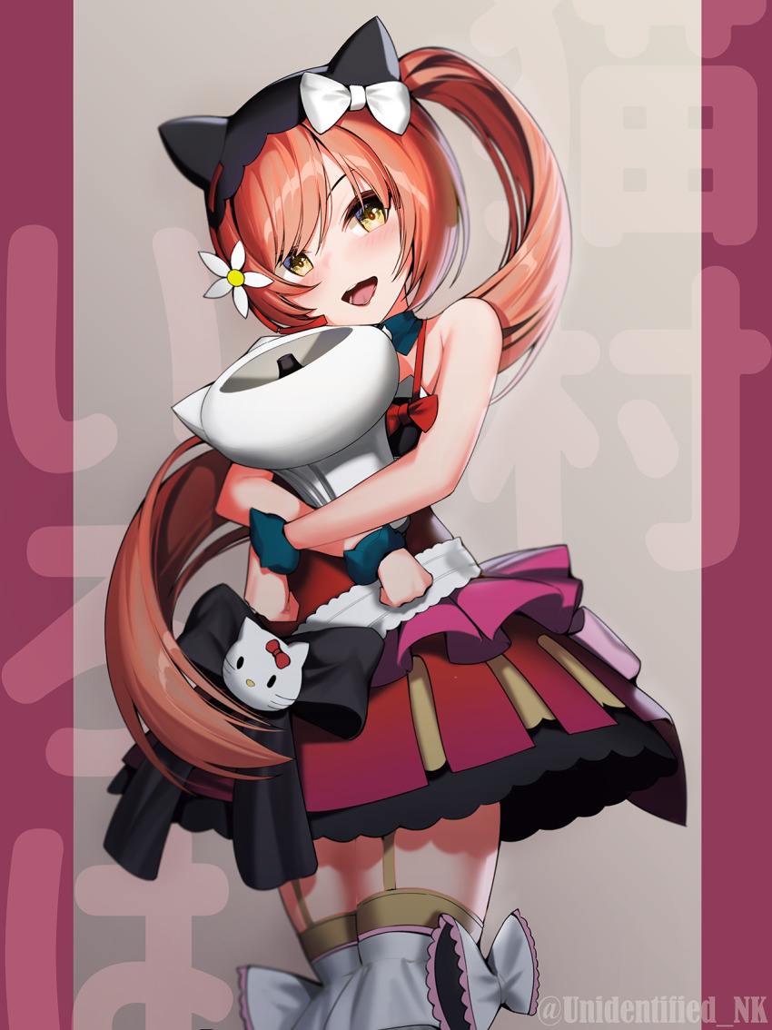 1girl, :d, animal_hat, artist_name, blush, bow, skirt_bow, cat_hat