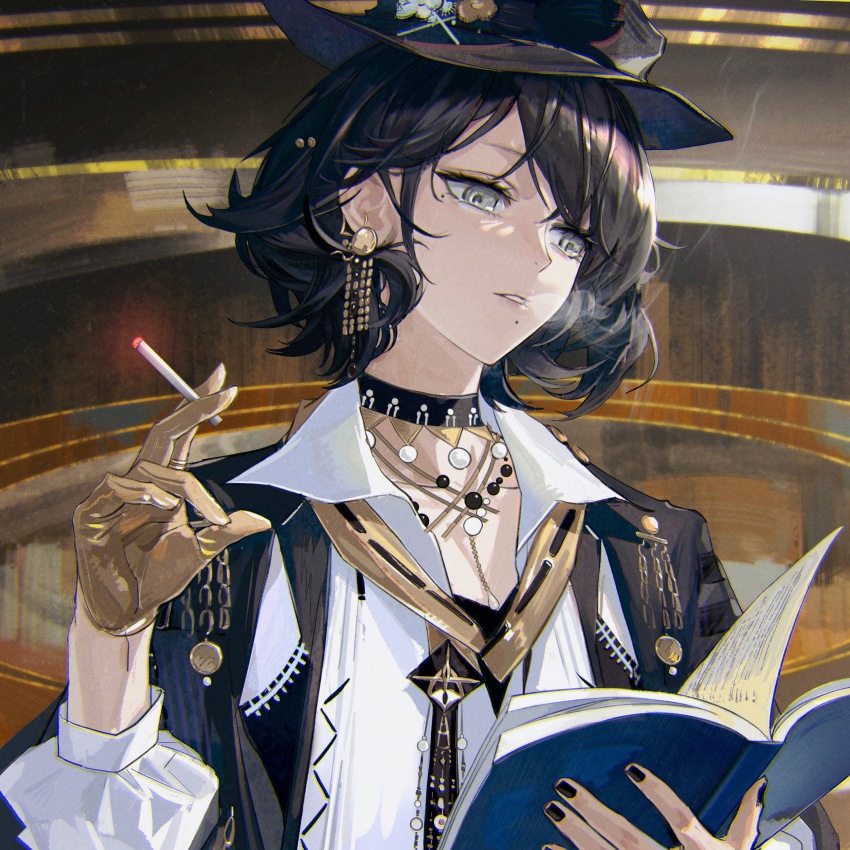 1girl, absurdres, amaia_(arknights), arknights, between_fingers, black_choker, black_hair, black_hat, black_nails, book, brown_gloves, chain, choker, cigarette, collarbone, earrings, gloves, gold_chain, hat, highres, holding, holding_book, holding_cigarette, jewelry, long_sleeves, mole, mole_under_eye, nail_polish, open_book, parted_lips, reading, shirt, short_hair, single_glove, smoke, smoking, solo, swept_bangs, upper_body, white_shirt
