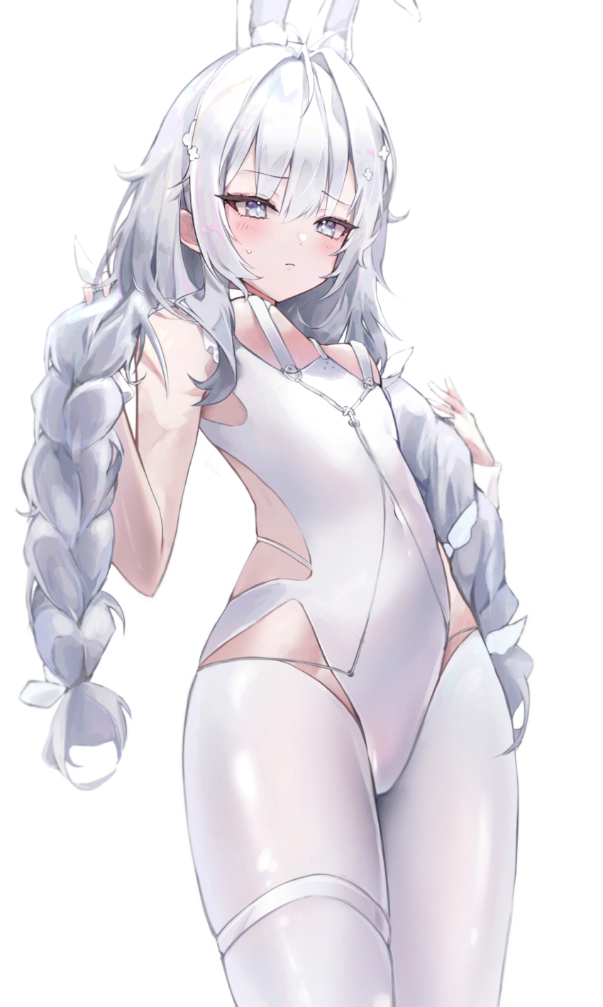 1girl, absurdres, animal_ears, azur_lane, bare_arms, blush, braid, covered_navel, cowboy_shot, embarrassed, fake_animal_ears, flat_chest, from_below, grey_eyes, hair_ornament, highres, hisiya_(wldn1112), le_malin_(azur_lane), le_malin_(listless_lapin)_(azur_lane), leotard, long_hair, pantyhose, rabbit_ears, sidelocks, simple_background, solo, thighs, twin_braids, white_background, white_leotard, white_pantyhose, wrist_cuffs, x_hair_ornament