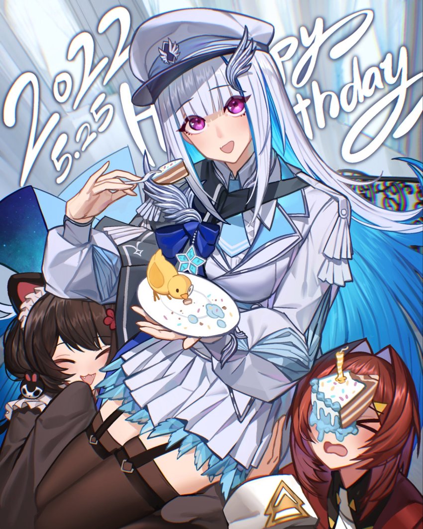 >_<, 3girls, ange_katrina, ange_katrina_(1st_costume), animal_ears, bad_id, bad_twitter_id, bird