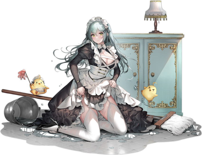 1girl, ankle_strap, azur_lane, black_thighhighs, breasts, bucket, bucket_spill, cabinet